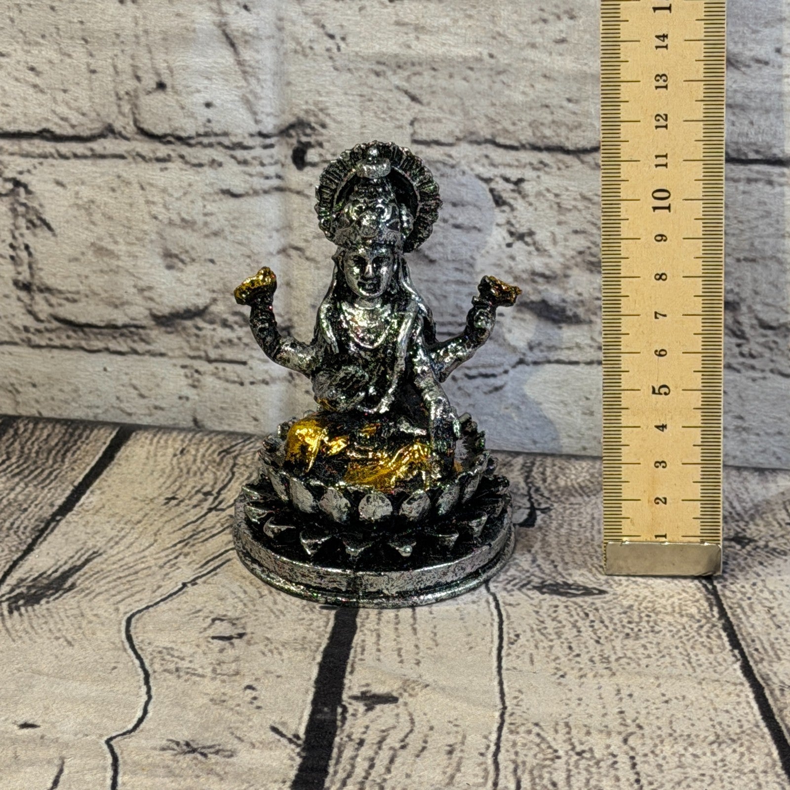 Silver And Gold 12cm x 8cm Small Lakshmi Sitting Lotus Statue Resin Hindu God5