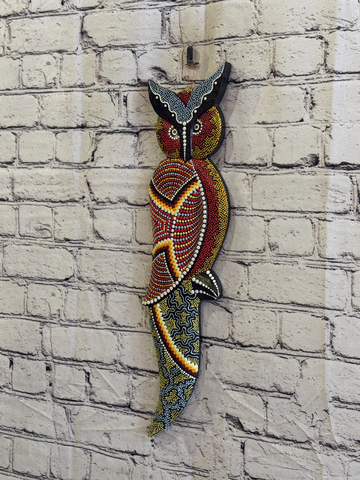 45cm Owl Bird Carved Wooden Dot Painted Ethnic Tribal Tiki Wall Art No 21