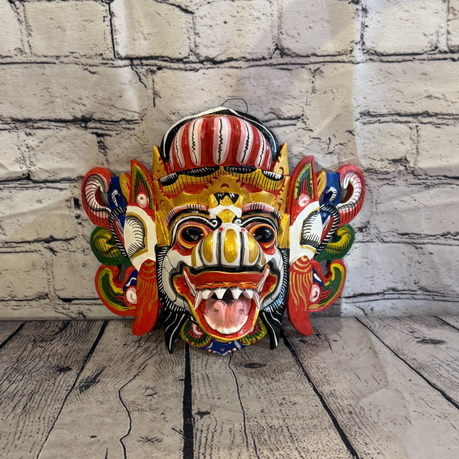 20cm Barong Wide White Demon Dragon Hindu Deity Wooden Hand Carved Mask Painted2