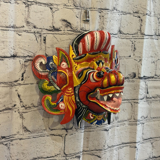 20cm Barong Wide Red Demon Dragon Hindu Deity Wooden Hand Carved Mask Painted0