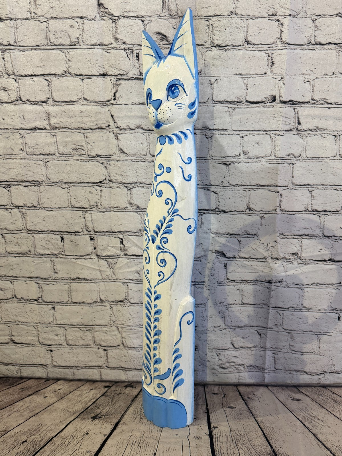 80cm Blue White Flower Wooden Shabby Cat Statue Ornament Fair Trade Handcarved1