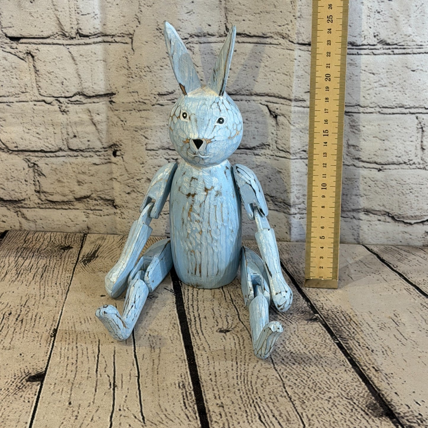 25cm Blue Bunny Rabbit Sitting Animal, Wooden Shelf Ornament Handmade Fairtrade5