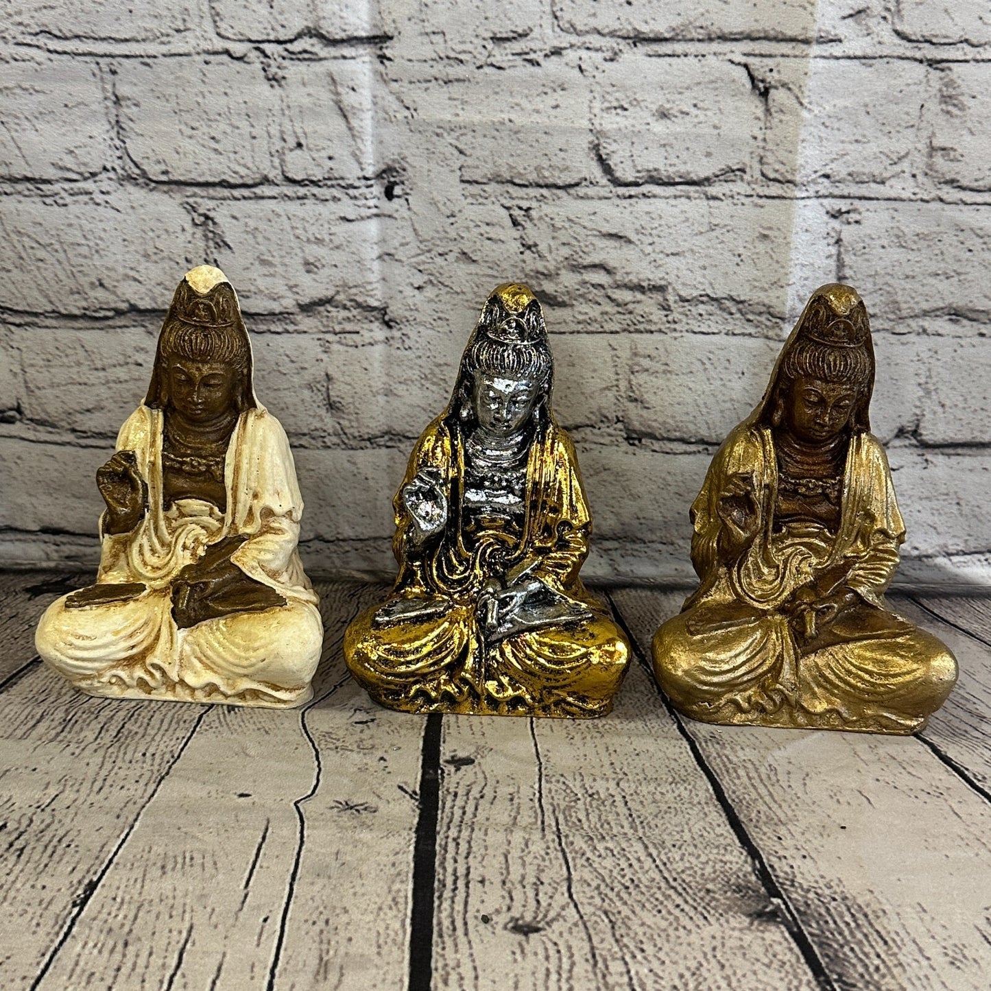 White & Bronze 18cm x 10cm Small Quan Yin Sitting Lotus Statue Resin Hindu God9