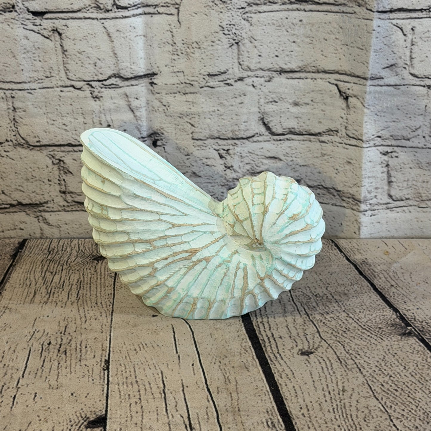 20cm Green Shabby Pastel Nautilus Shell Ornament Decor Carved Light Wood Figure3
