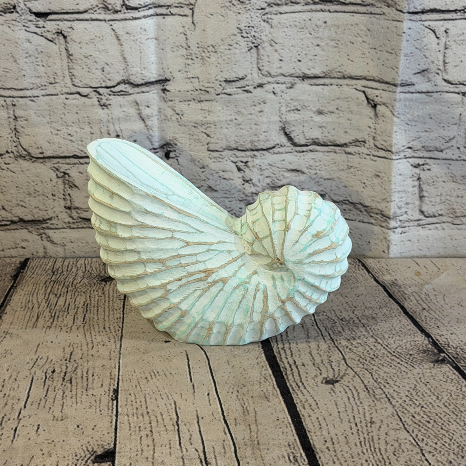 20cm Green Shabby Pastel Nautilus Shell Ornament Decor Carved Light Wood Figure3