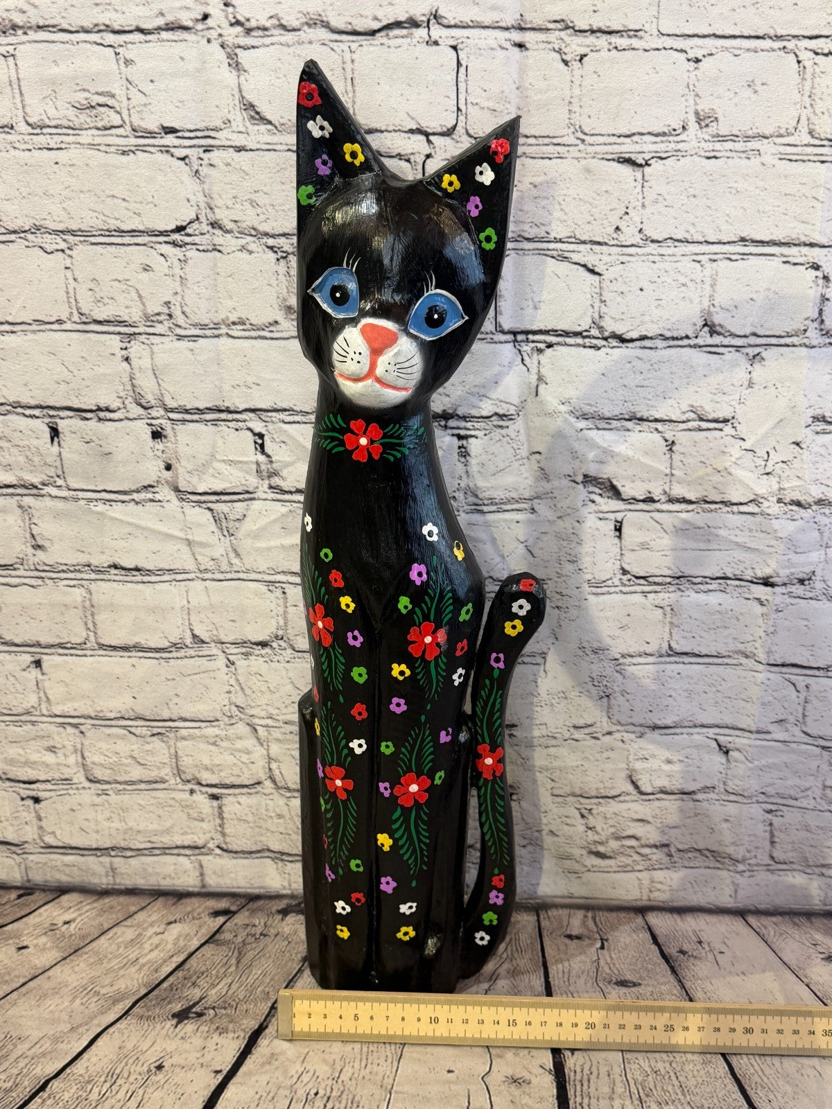 60cm Black Mix Flower Wooden Shabby Cat Statue Ornament Fair Trade Handcarved6
