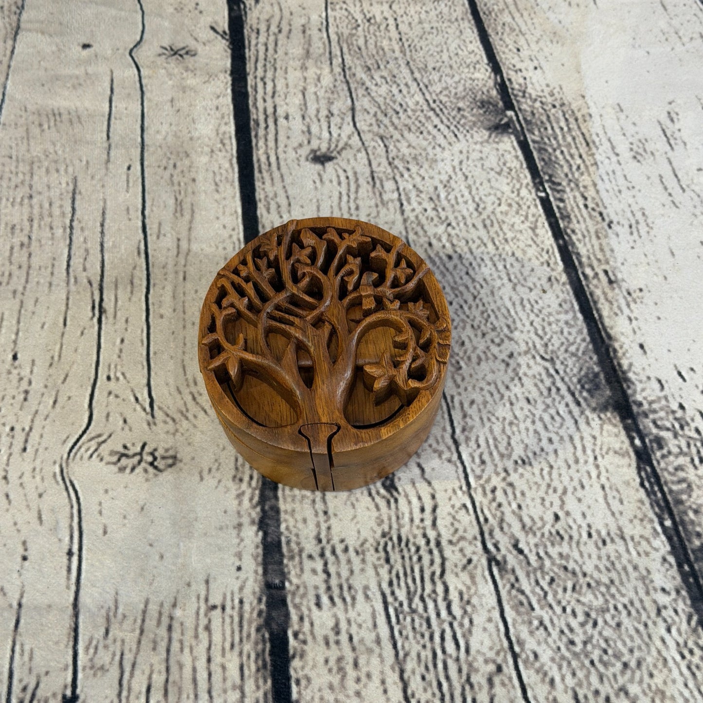 Round Tree Of Life 4 Bit Wooden Puzzle Box Secret Box Magic Trinket Handmade0