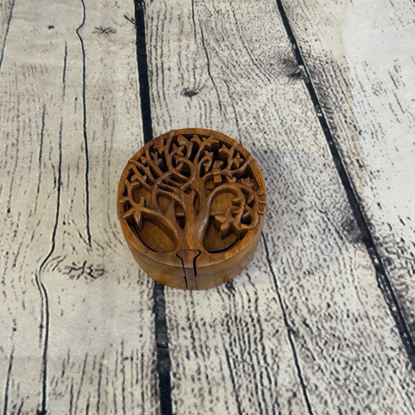 Round Tree Of Life 4 Bit Wooden Puzzle Box Secret Box Magic Trinket Handmade0