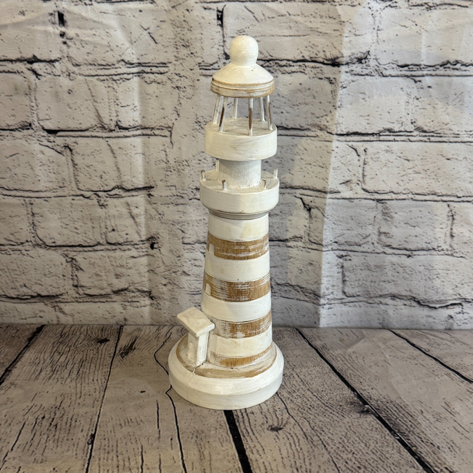 30cm Cream White Wooden Lighthouse Detailed Ornament Nautical Coastal Sculpture0
