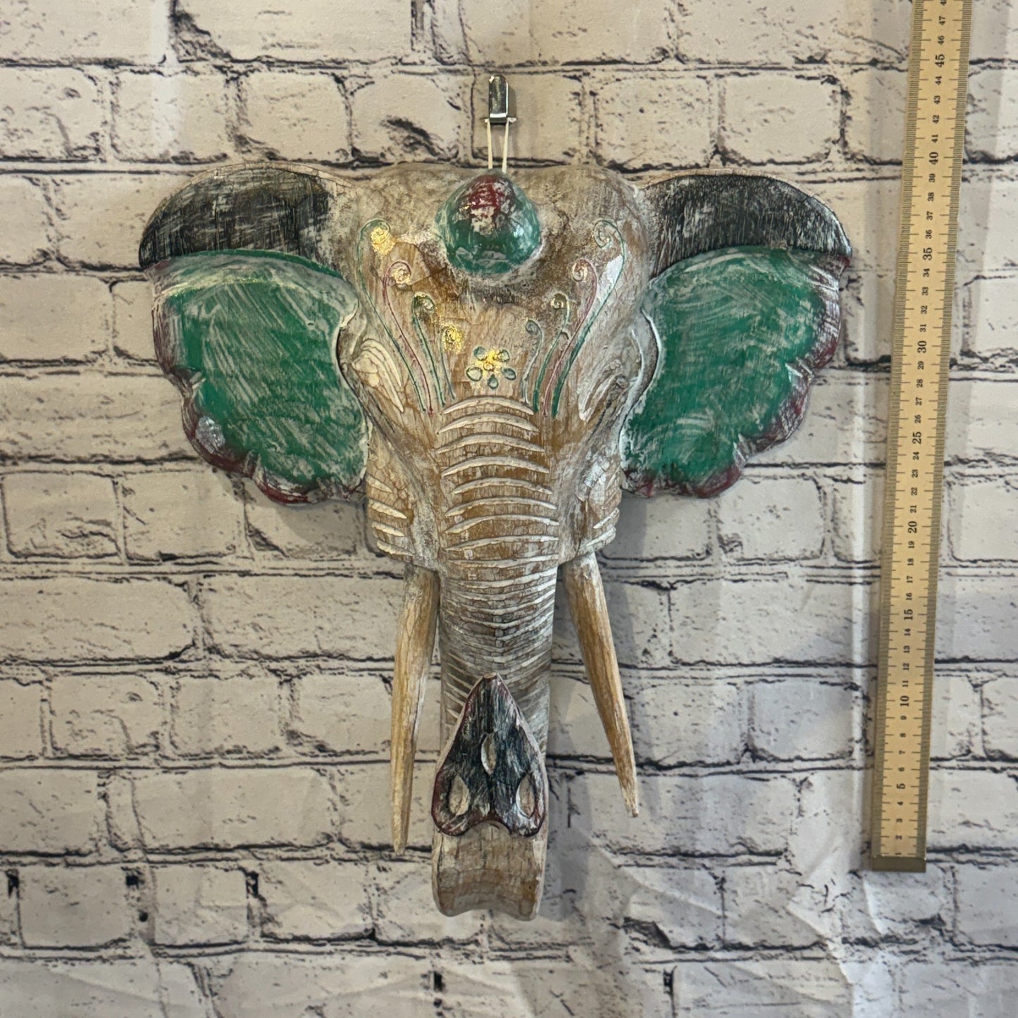 40cm x 35cm Silver Green Painted Wood Elephant Head Wall Mounted Art Shabby4
