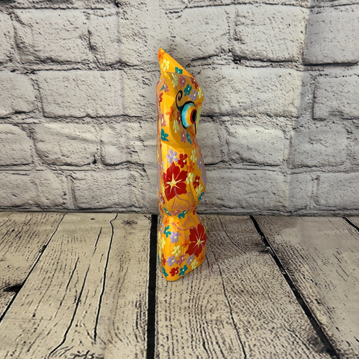 Orange Large Wooden Owl With Flower Pattern 20cm x 8cm Handmade and Fairtrade3