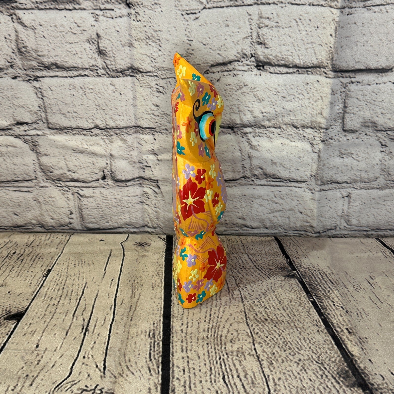 Orange Large Wooden Owl With Flower Pattern 20cm x 8cm Handmade and Fairtrade3