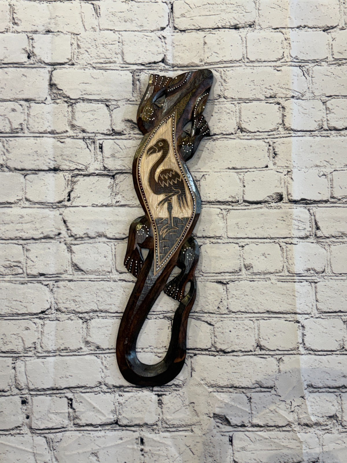 50cm Flamingo Gecko Carved Wooden Brown Work Painted Ethnic Tribal Tiki Wall Art2