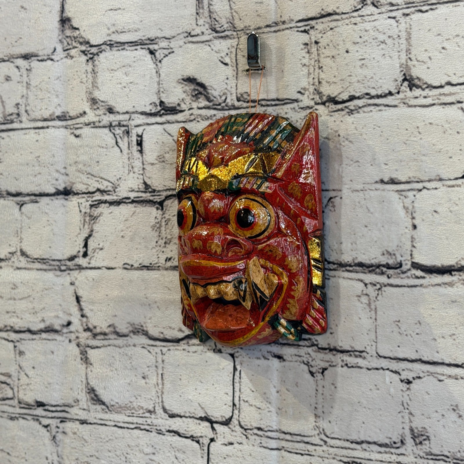 Small Wooden Red Barong Wall Mask 12cm x 12cm Handmade And Fairtrade Hindu1