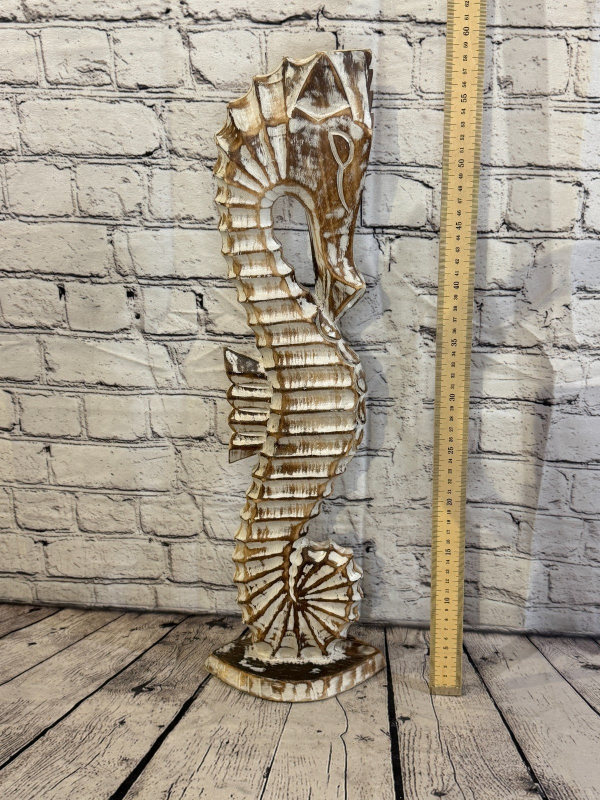 60cm Brown Wooden Shabby Seahorse Statue Ornament Fair Trade Handcarved5