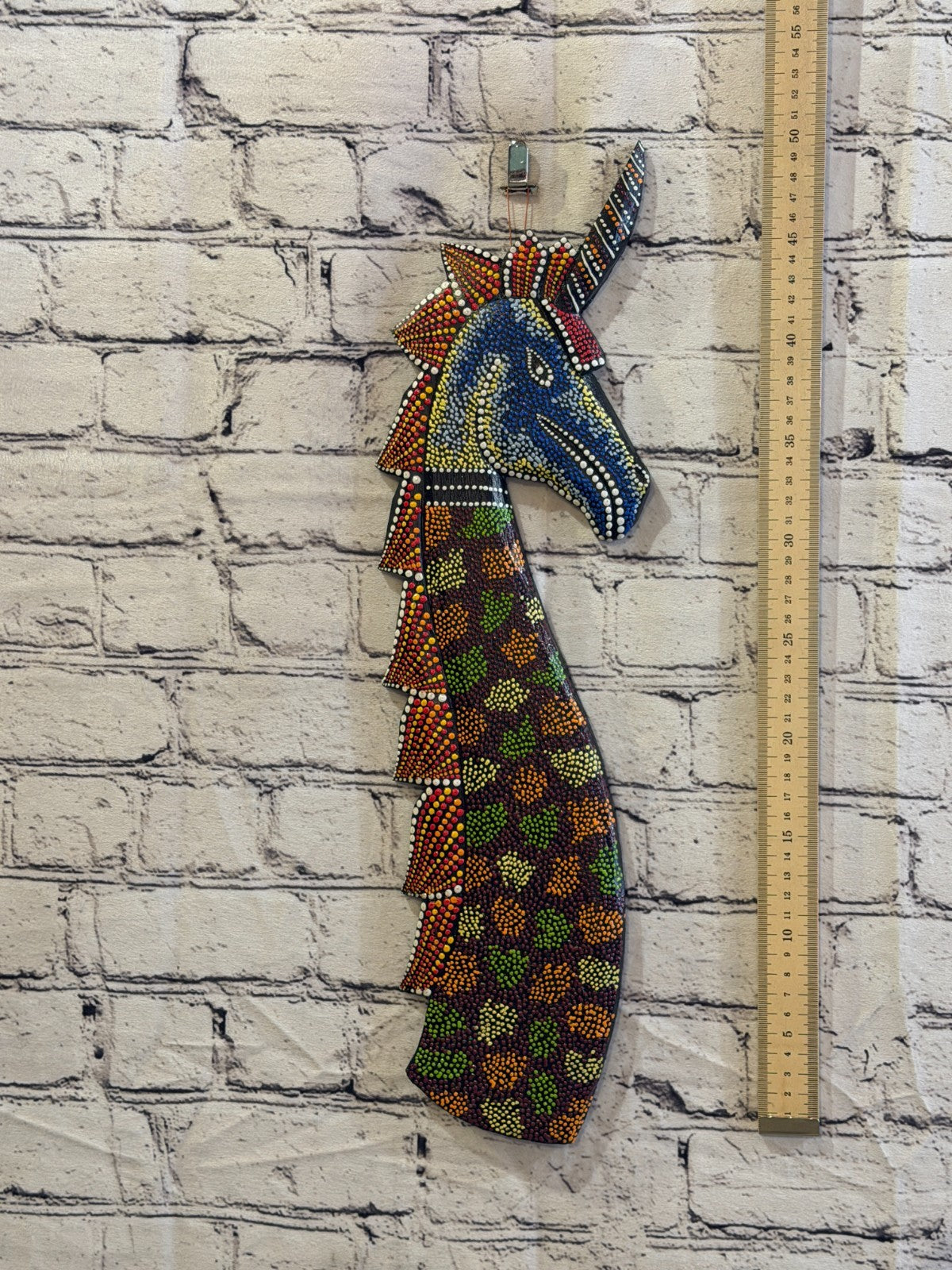 45cm Unicorn Carved Wooden Dot Painted Ethnic Tribal Tiki Wall Art No 44