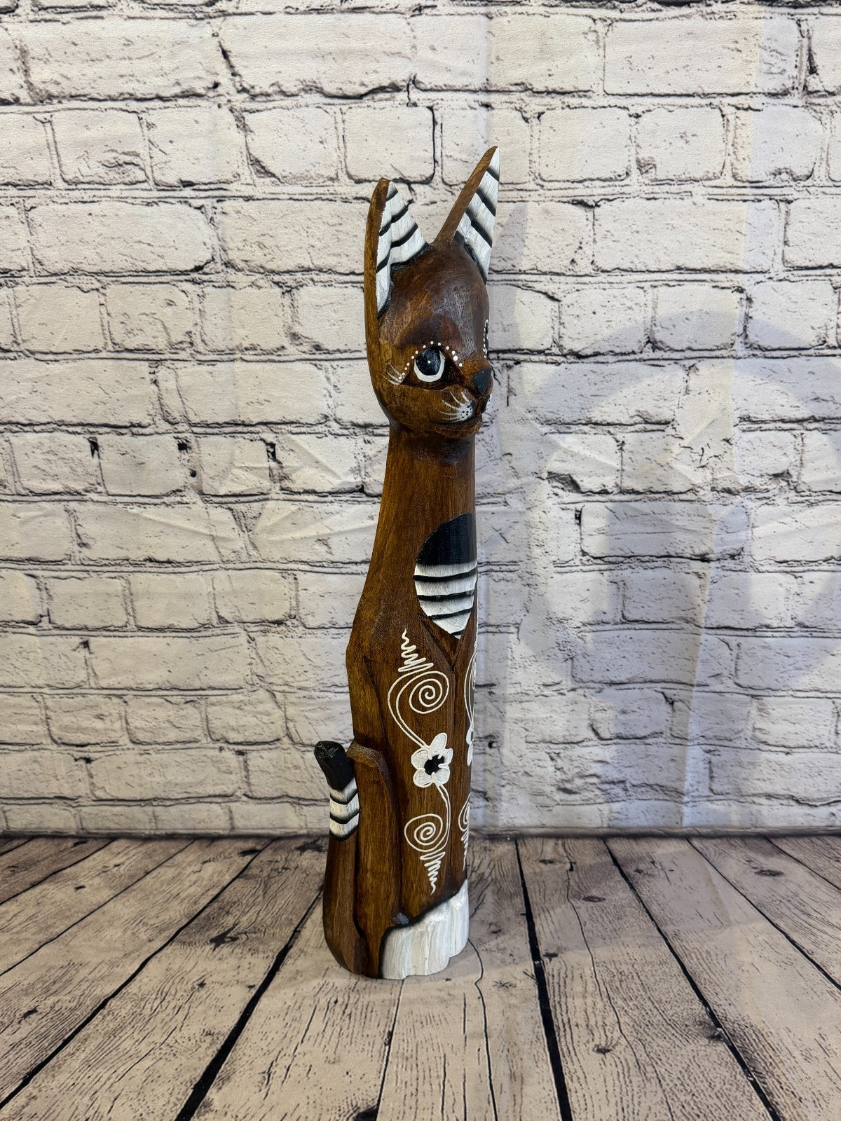 60cm Brown Flower Wooden Shabby Cat Statue Ornament Fair Trade Handcarved2