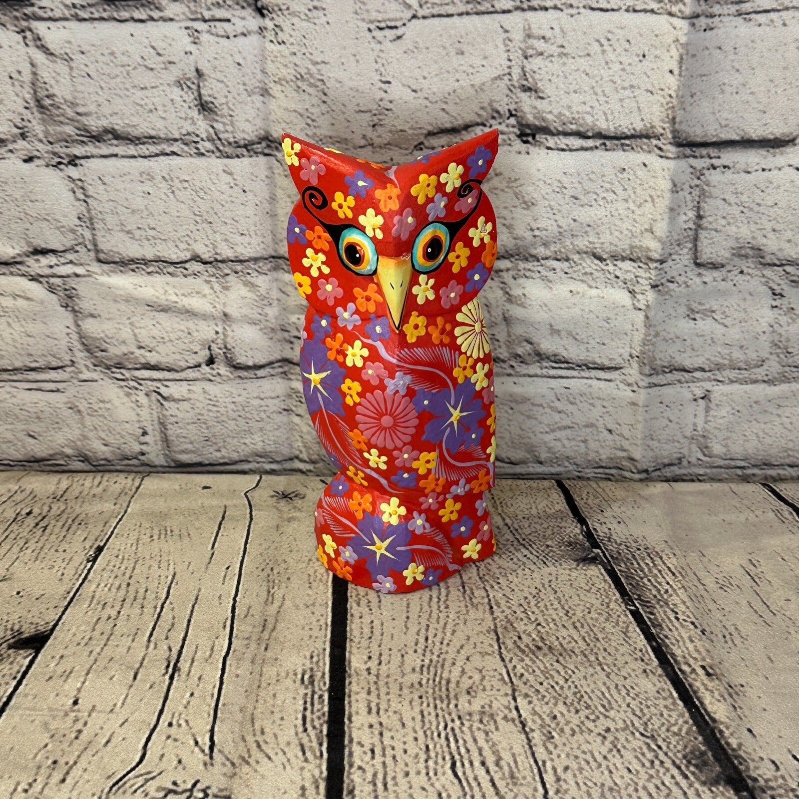 Red Large Wooden Owl With Flower Pattern 20cm x 8cm Handmade and Fairtrade0