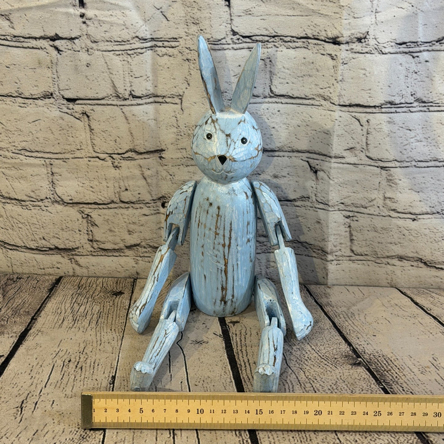 30cm Blue Bunny Rabbit Sitting Animal, Wooden Shelf Ornament Handmade Fairtrade6