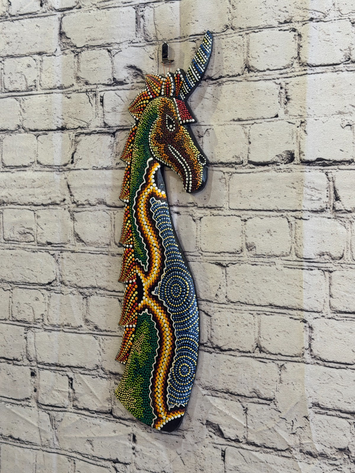 45cm Unicorn Carved Wooden Dot Painted Ethnic Tribal Tiki Wall Art No 31