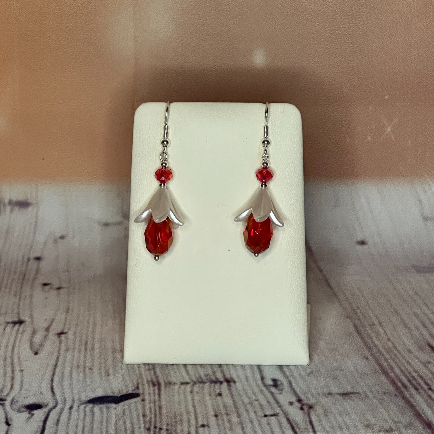 Red Drop Crystal Lily Flower With Dangle Drop Earrings Handmade UK Jewellery0
