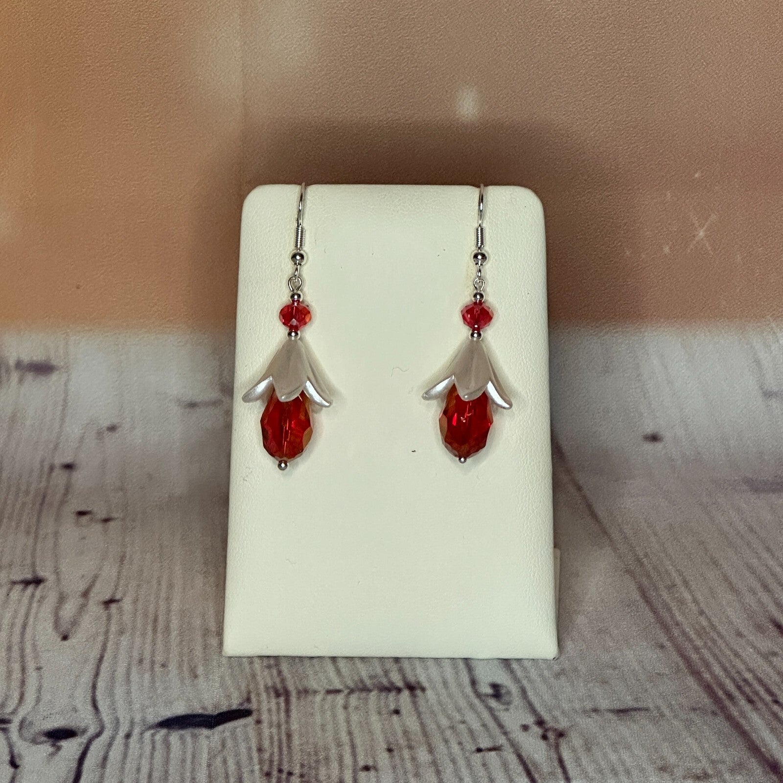 Red Drop Crystal Lily Flower With Dangle Drop Earrings Handmade UK Jewellery0
