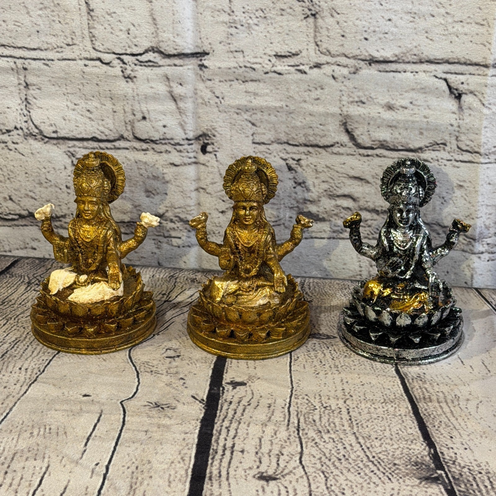 Cream & Bronze 12cm x 8cm Small Lakshmi Sitting Lotus Statue Resin Hindu God8