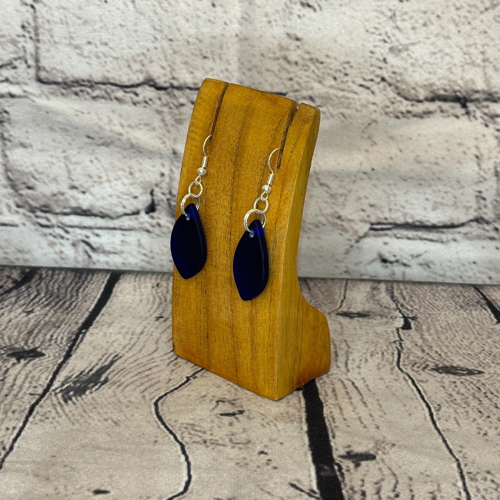 D Blue Recycled Teardrop Silver Plate Dangle Drop Earrings Handmade UK Jewellery1