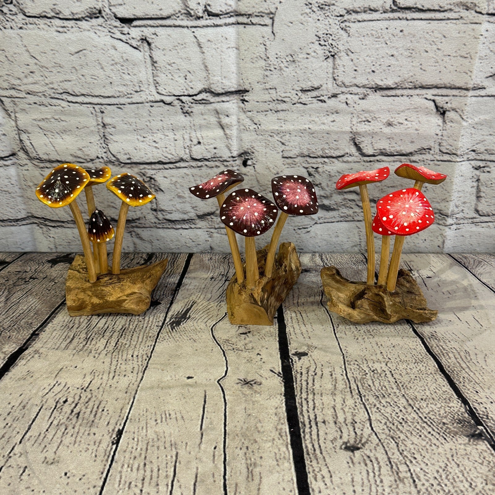 Brown Yellow Painted Mushroom Parasite Ornament Natural Carving Fairtrade Wooden7
