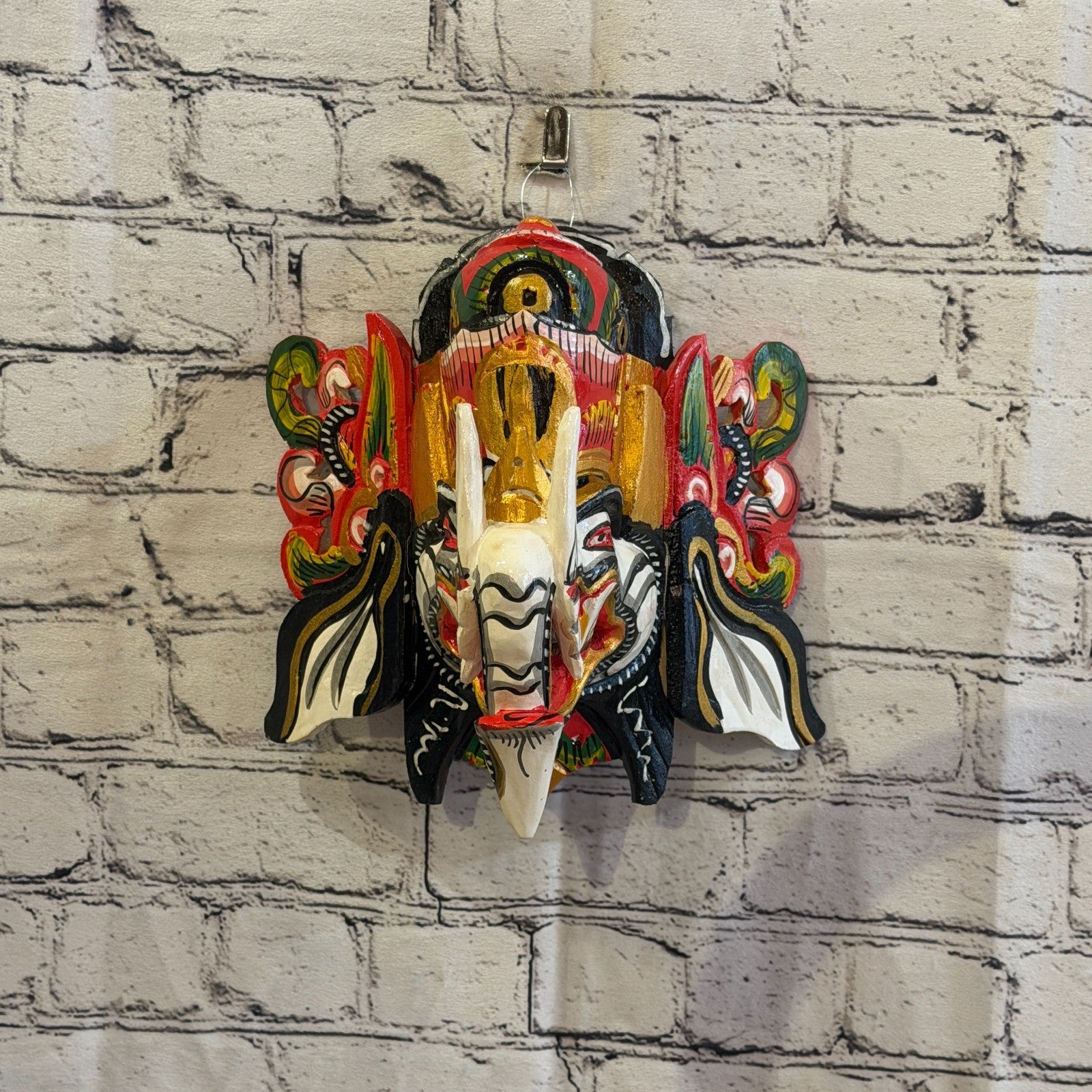 25cm Ganash Ganesha White Elephant Hindu Deity Wooden Hand Carved Mask Painted7