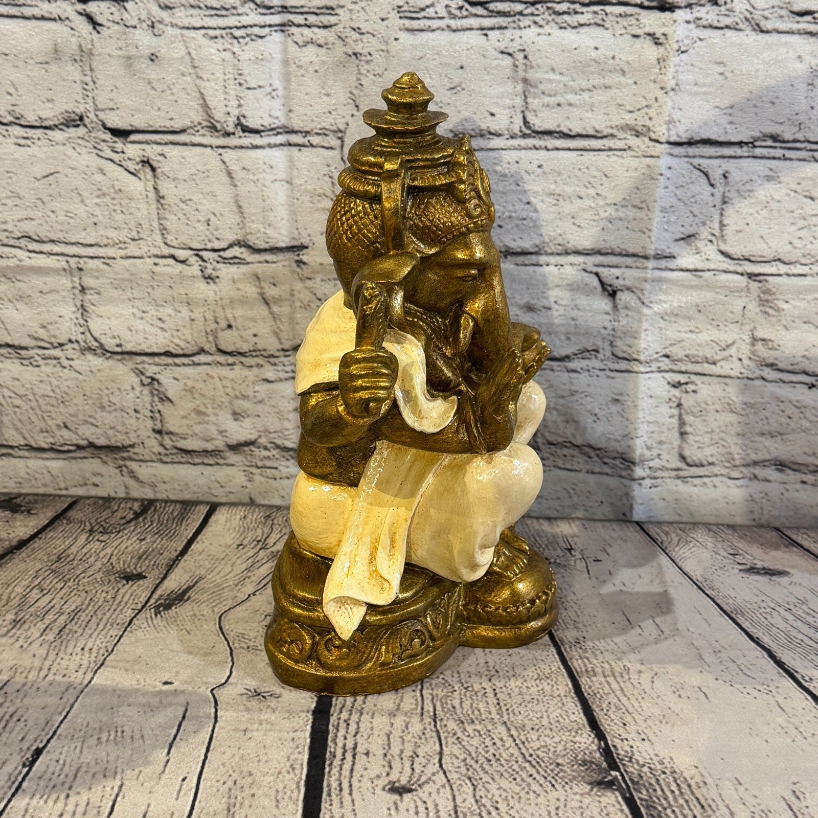 Cream & Bronze 25cm Large Ganesh Ganesa Sitting On Lotus Statue Resin Hindu3