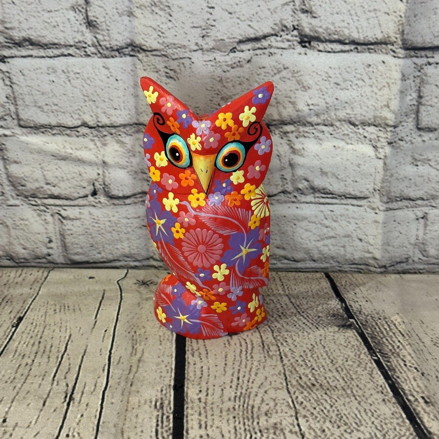 Red Medium Wooden Owl With Flower Pattern 15cm x 8cm Handmade and Fairtrade0