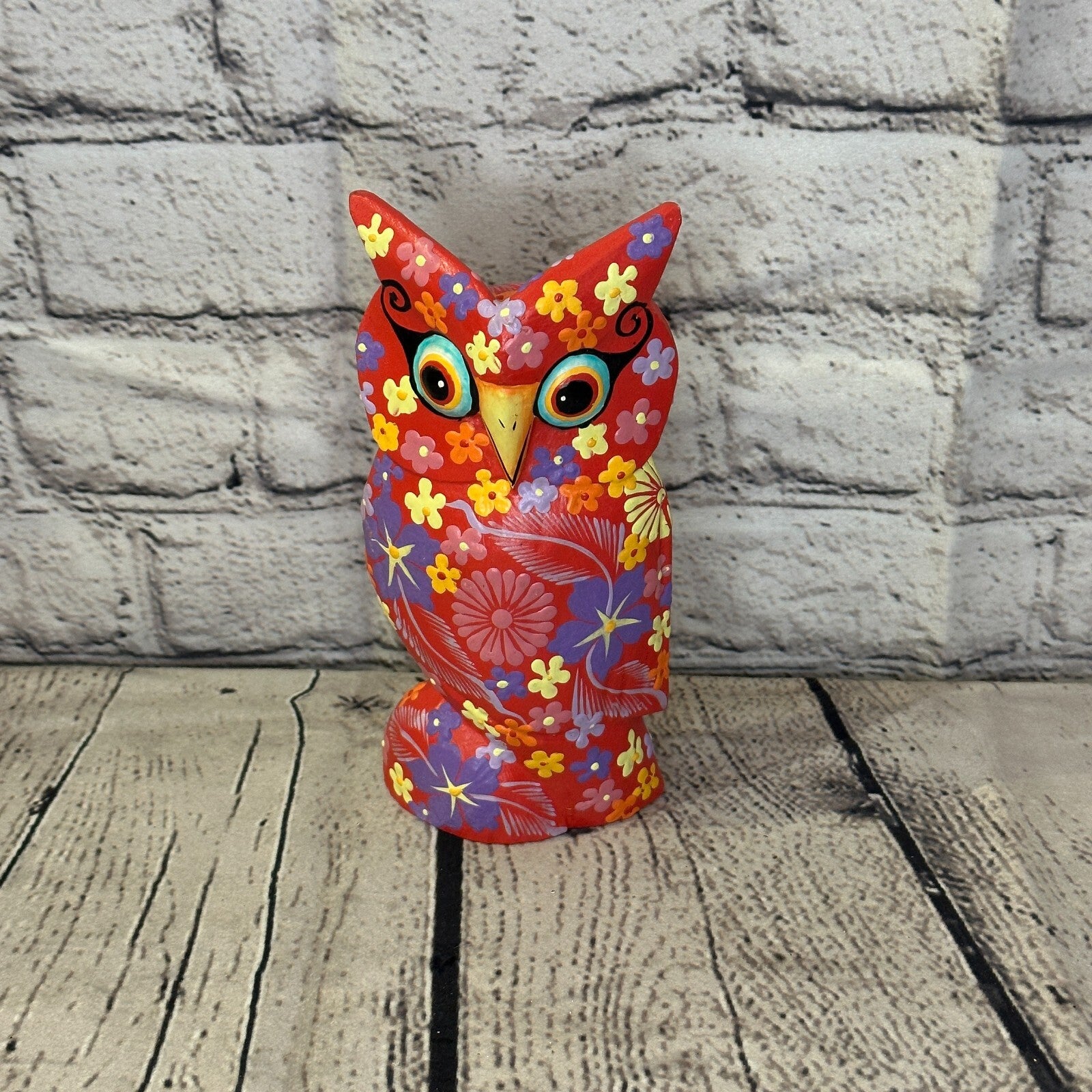Red Medium Wooden Owl With Flower Pattern 15cm x 8cm Handmade and Fairtrade0