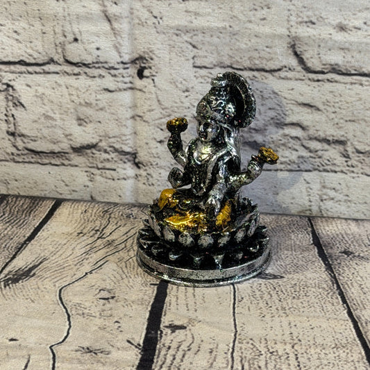 Silver And Gold 12cm x 8cm Small Lakshmi Sitting Lotus Statue Resin Hindu God0