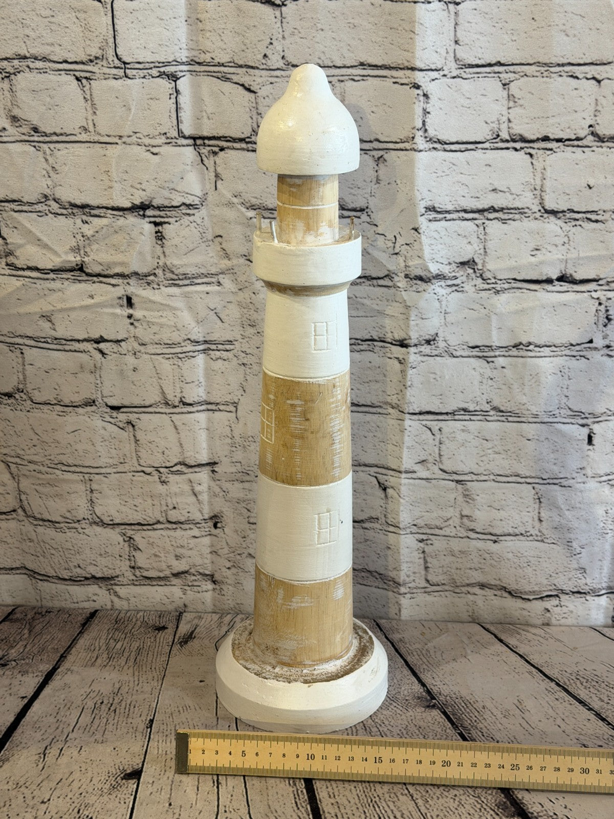 50cm Cream White Wooden Lighthouse Ornament Nautical Coastal Sculpture Statue5
