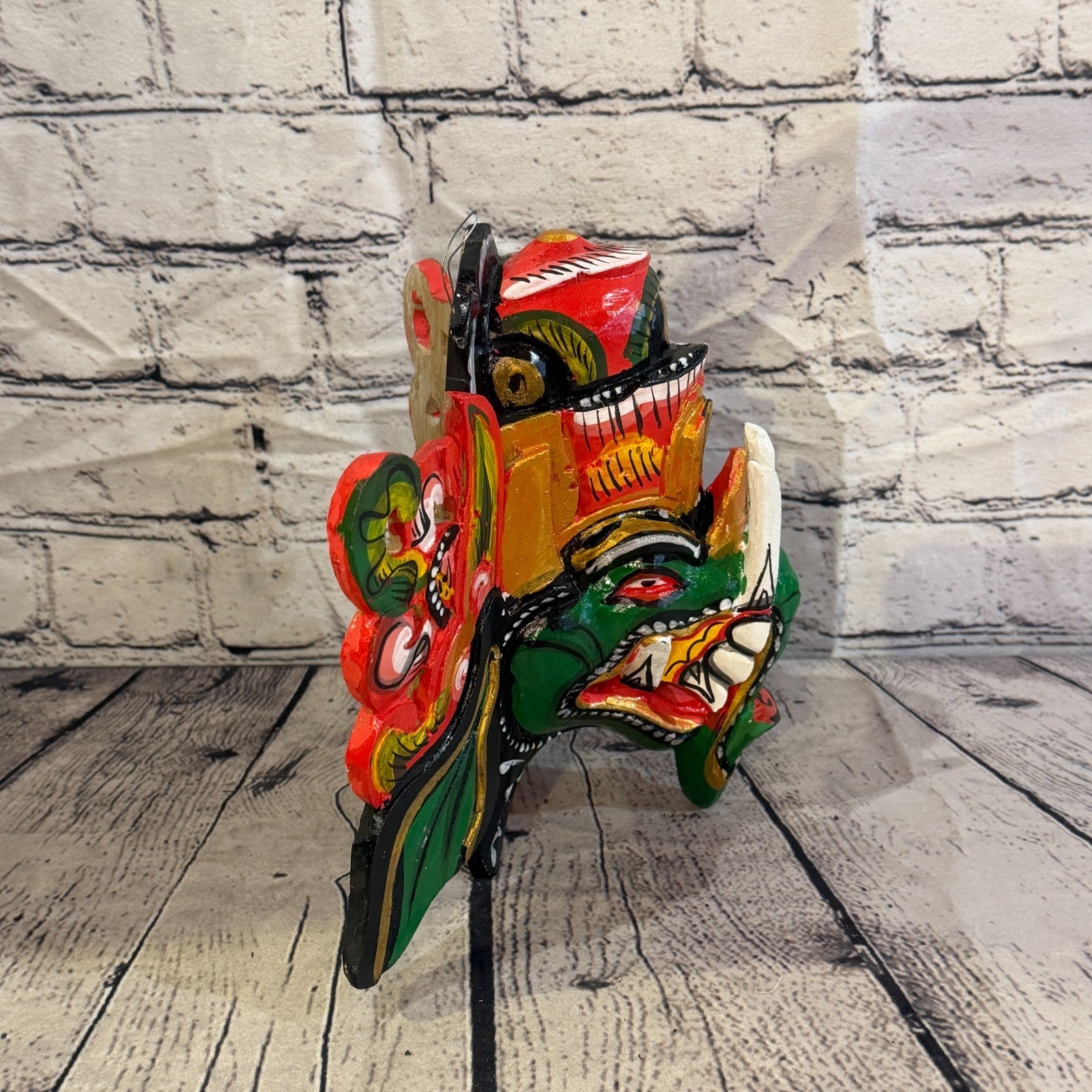 25cm Ganash Ganesha Green Elephant Hindu Deity Wooden Hand Carved Mask Painted5