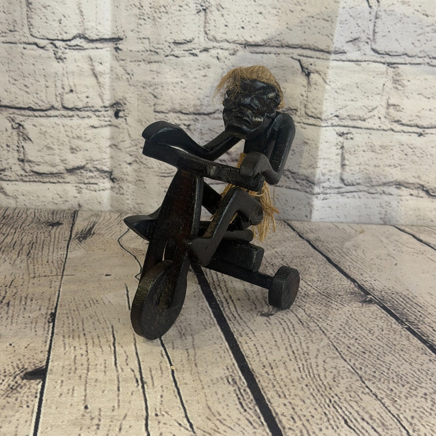 15cm Tricycle Rider African Tribal Warrior Man Figure Statue Wood Hand Carved0