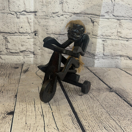 15cm Tricycle Rider African Tribal Warrior Man Figure Statue Wood Hand Carved0