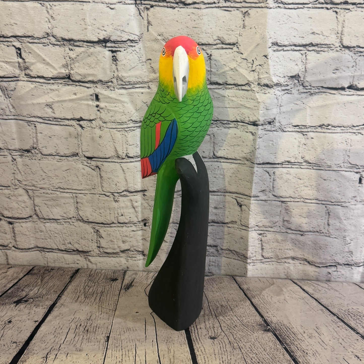 40cm Bright Green Parrot Bird Ornament Statue Fair Trade Hand Made Carved Wood1
