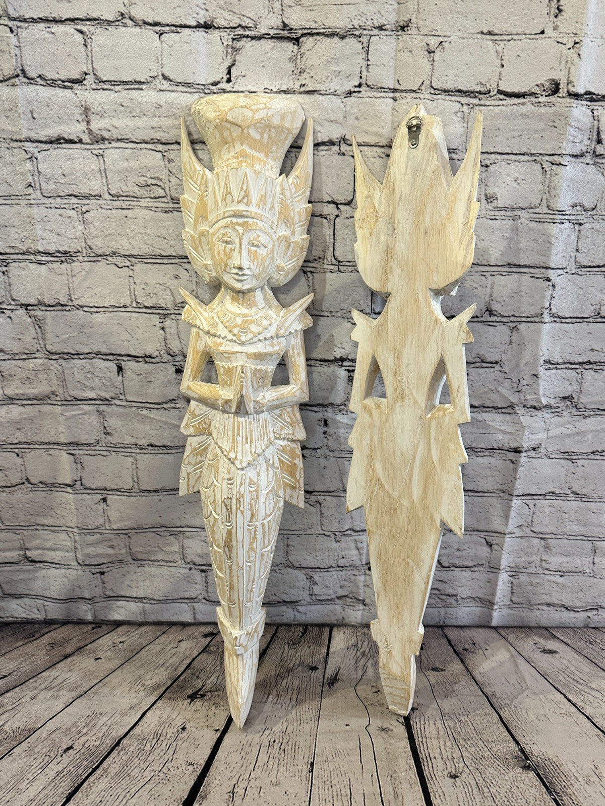 Shabby White Sita Dewi Bali Rice Goddess Wings Mermaid Wood Carving 65cm Pair5