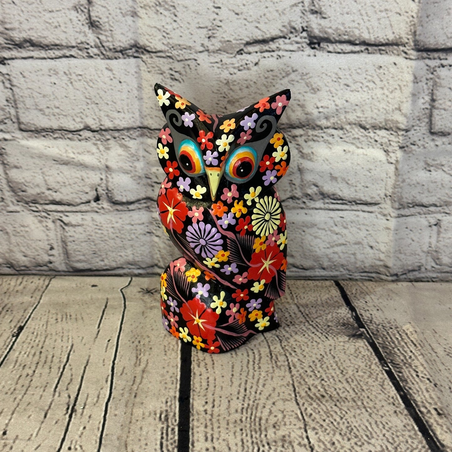 Black Medium Wooden Owl With Flower Pattern 15cm x 8cm Handmade and Fairtrade0