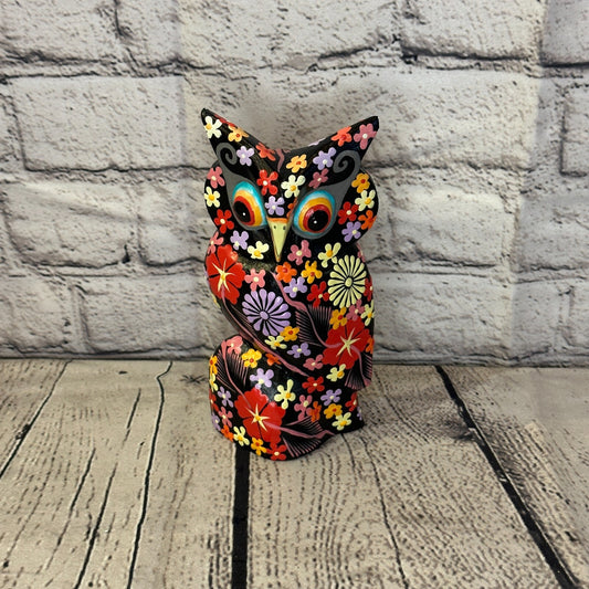 Black Medium Wooden Owl With Flower Pattern 15cm x 8cm Handmade and Fairtrade0