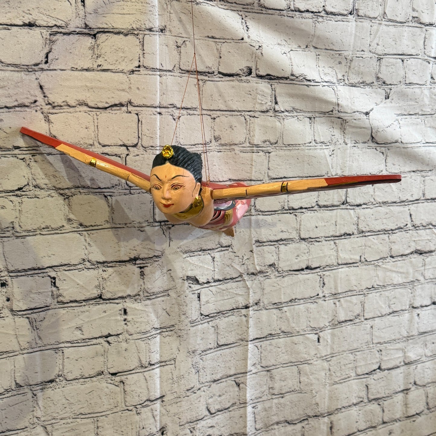 35cm Red Sita Hindu Folk Art Carved Wood Flying Winged Mobile Spirit Guardian4