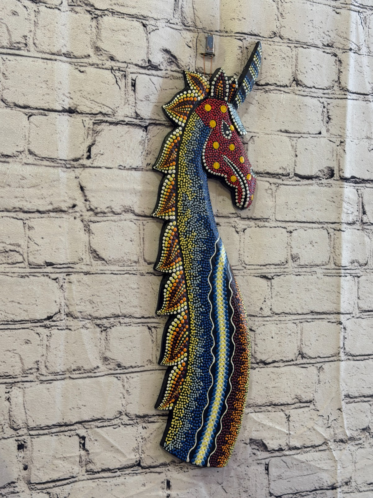 45cm Unicorn Carved Wooden Dot Painted Ethnic Tribal Tiki Wall Art No 20
