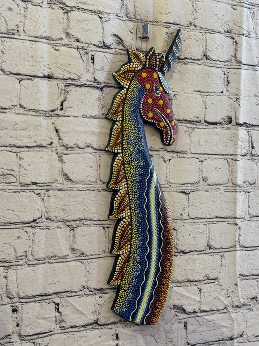 45cm Unicorn Carved Wooden Dot Painted Ethnic Tribal Tiki Wall Art No 20