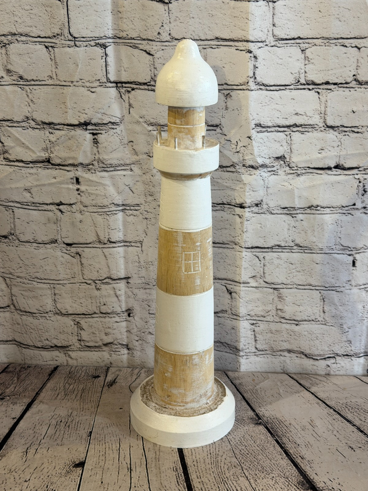 50cm Cream White Wooden Lighthouse Ornament Nautical Coastal Sculpture Statue0