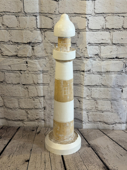 50cm Cream White Wooden Lighthouse Ornament Nautical Coastal Sculpture Statue0