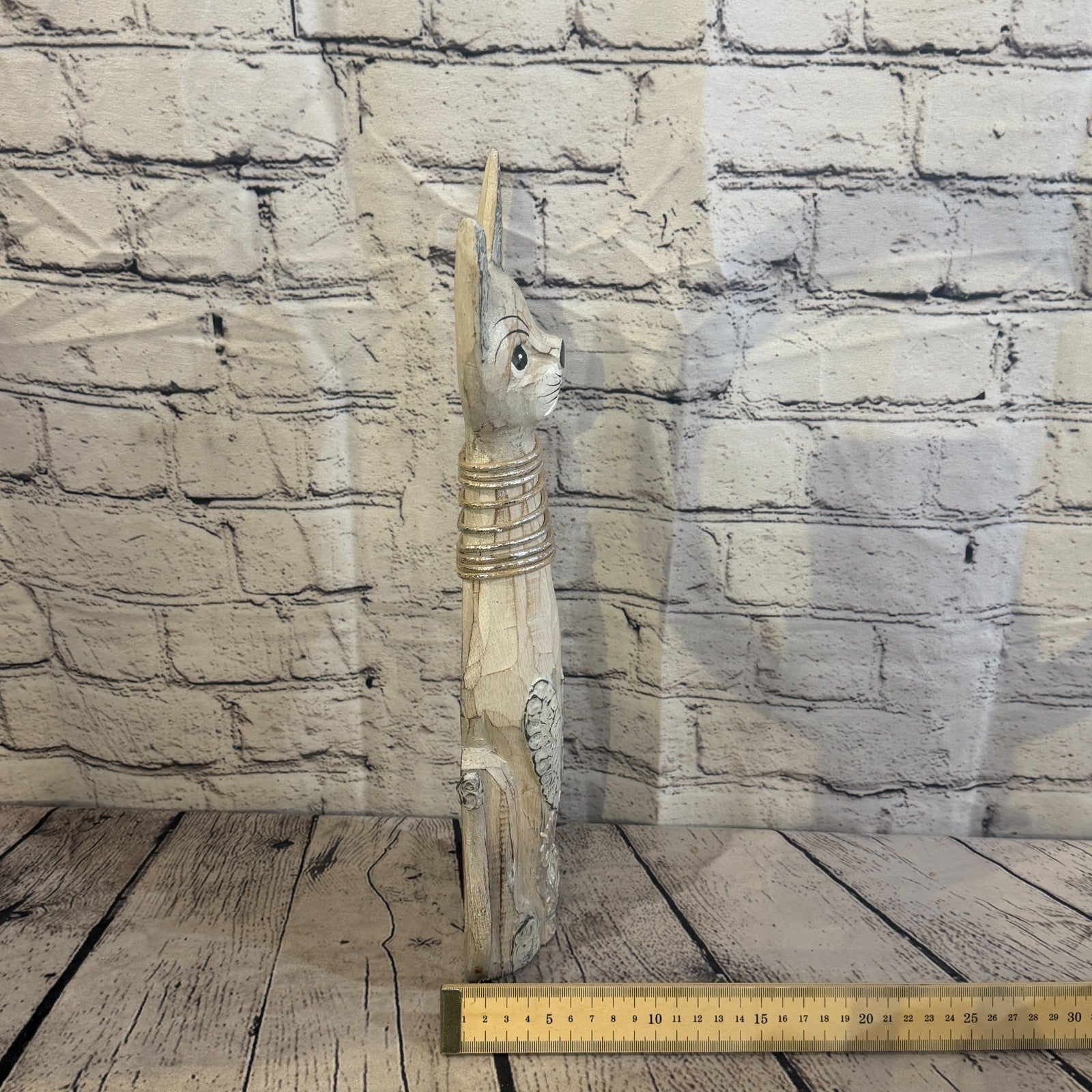 40cm White Silver Dots Wooden Shabby Cat Statue Ornament Fair Trade Handcarved7