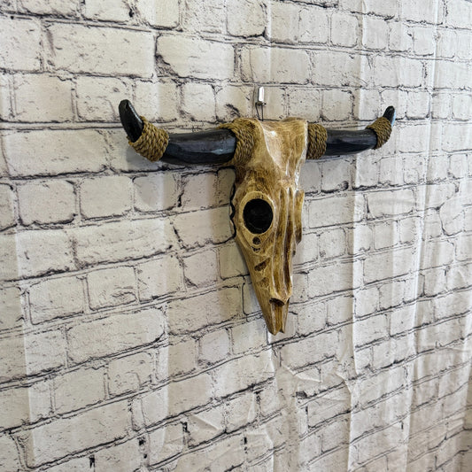 45cm x 30cm Skull Light Painted Wood Cow Skull Head Wall Mounted Art Shabby0