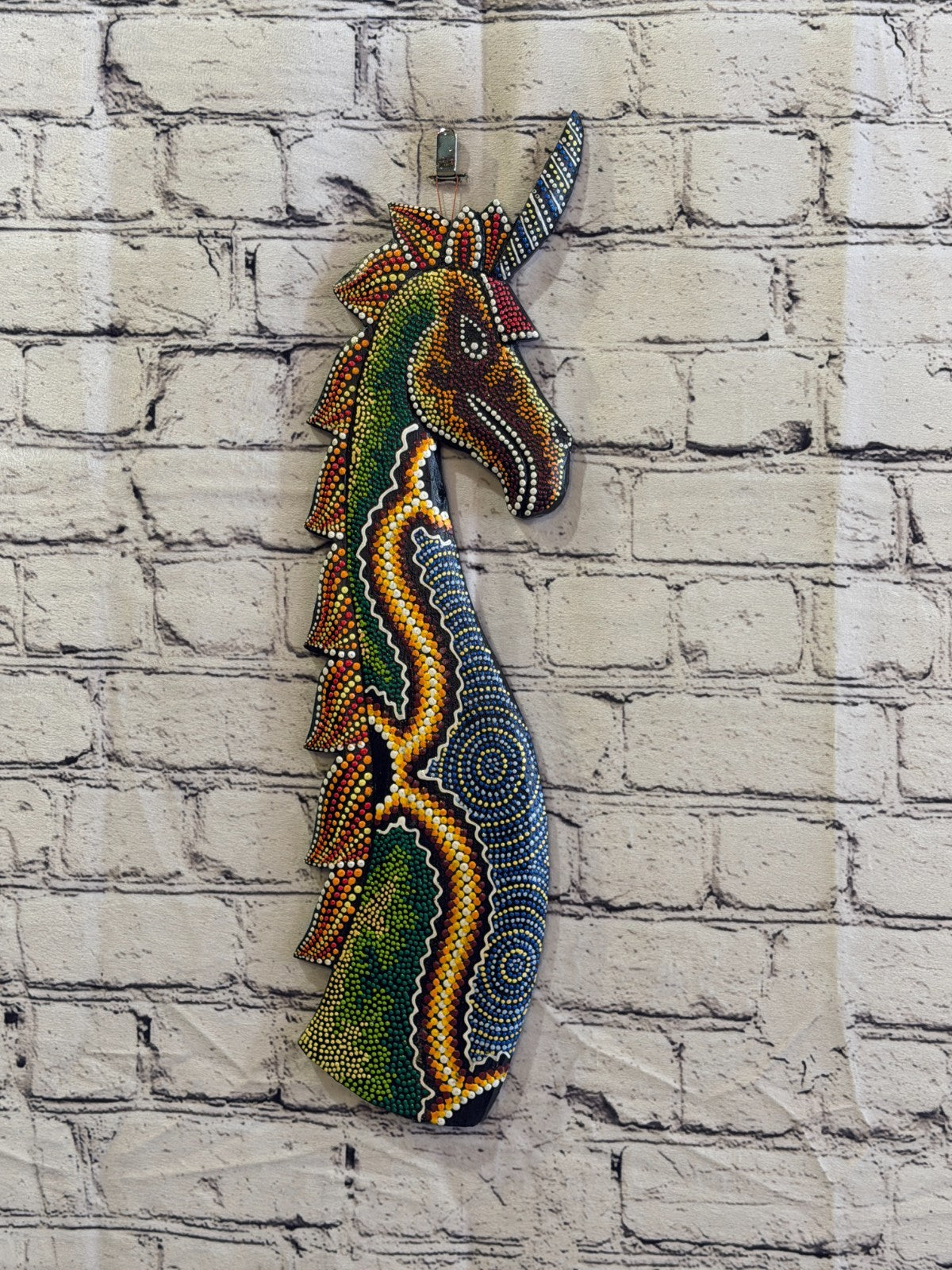 45cm Unicorn Carved Wooden Dot Painted Ethnic Tribal Tiki Wall Art No 32
